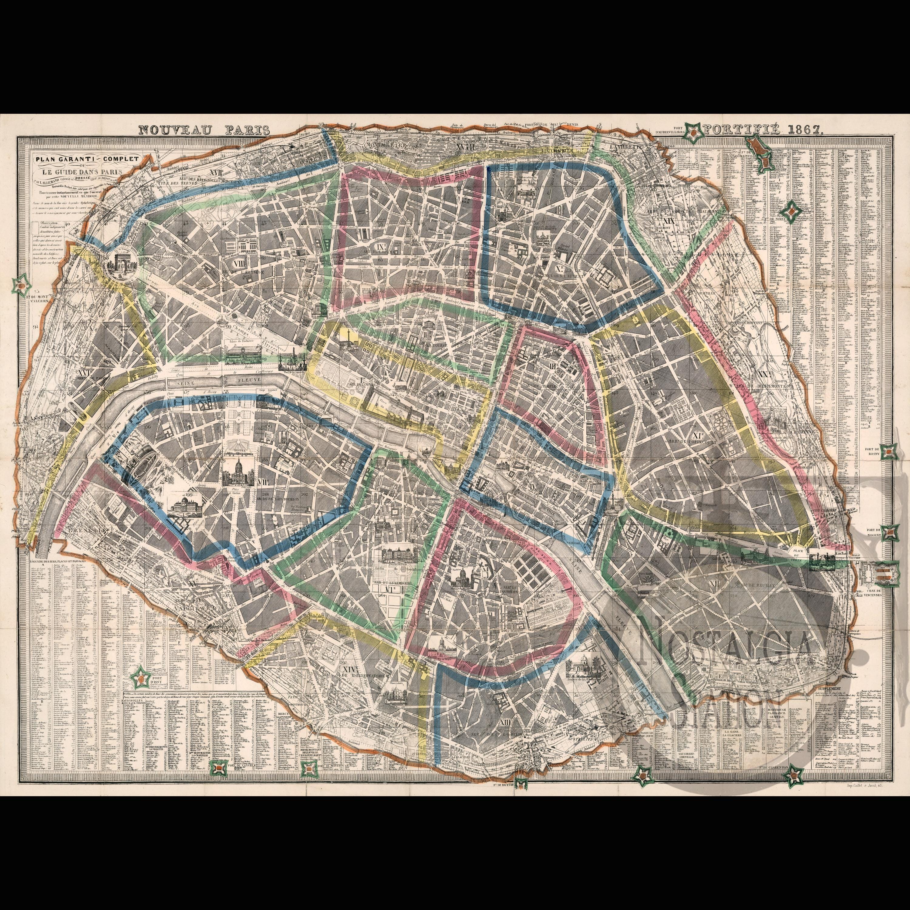 Paris France Map 1867 Antique Vintage Historic History Wall Art