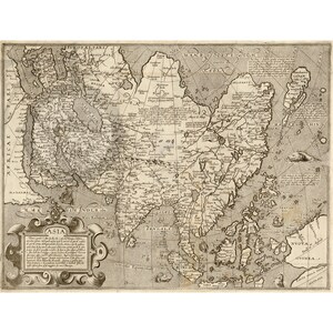 May include: An antique map of Asia from the 17th century, showing the geographic features and political boundaries of the continent. The map is printed in black and white on paper and features a decorative border.