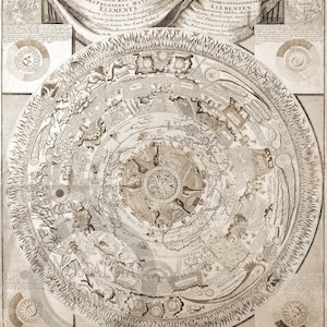 Könnte beinhalten: Eine antike, sepiafarbene Karte, die ein geozentrisches Modell des Universums darstellt. Das kreisförmige Design zeigt konzentrische Ringe mit detaillierten Illustrationen, Text und Himmelsymbolen. Die Karte enthält Text in mehreren Sprachen und ist von dekorativen Elementen umrahmt.