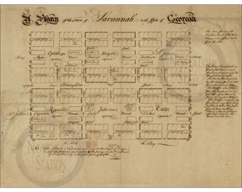 Savannah Georgia GA Map 1761 Savannah Vintage Historic Savannah State Georgia Southern Clovers Tybee Island Reprint FREE SHIPPING!