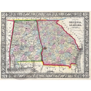 Kaart van Alabama 1864 antieke historische vintage fotowanddecoratie kunst Lake Martin herdruk GRATIS VERZENDING!
