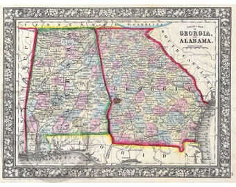 Alabama Map 1864 Antique Historic Vintage Photo Wall Decor Art Lake Martin Reprint  FREE SHIPPING!