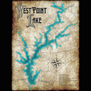 West Point Lake Georgia Alabama in der Nähe von Lagrange, Valley, West Point, Freedonia, Roanoke Vintage Style Lake Wand Kunst Dekor Karte KOSTENLOSER VERSAND!