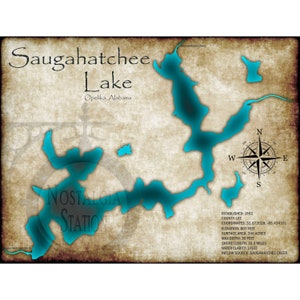 Saugahatchee Lake, Opelika Auburn Alabama Golf style vintage Lake carte art mural LIVRAISON GRATUITE !