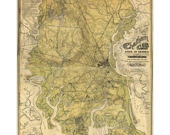 Chatham County Georgia Map 1875 Savannah Vintage Historic Savannah State Georgia Southern Clovers Tybee Island Reprint 30x40 FREE SHIPPING!