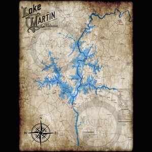 Mappa da parete in stile vintage di Lake Martin AL, Alexander City, Dadeville, Goodwater, Jackson's Gap, Horseshoe Bend, Auburn, Opelika, SPEDIZIONE GRATUITA!