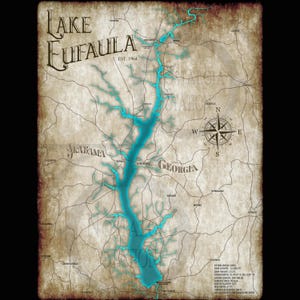 Lake Eufaula Georgia Alabama Vintage Stil See Wand Kunst Dekor Angeln Landkarte Cuthbert Georgia KOSTENLOSER VERSAND!