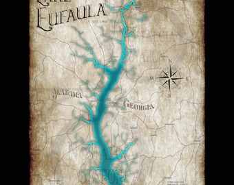 Lake Eufaula Georgia Alabama Vintage Style Lake Wall Art Decor Fishing Life Map Cuthbert Georgia FREE SHIPPING!