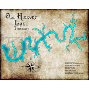 May include: A vintage-style map of Old Hickory Lake in Tennessee. The lake is depicted in a bright turquoise blue, with a compass rose in the lower center. The map includes details such as the lake's coordinates, surface area, maximum depth, elevation, water clarity, shore length, and inflow source.