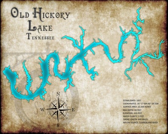 Old Hickory Lake, Tennessee Vintage Style Lake Map Wall Art Vanderbilt Tennessee Volunteers FREE SHIPPING!