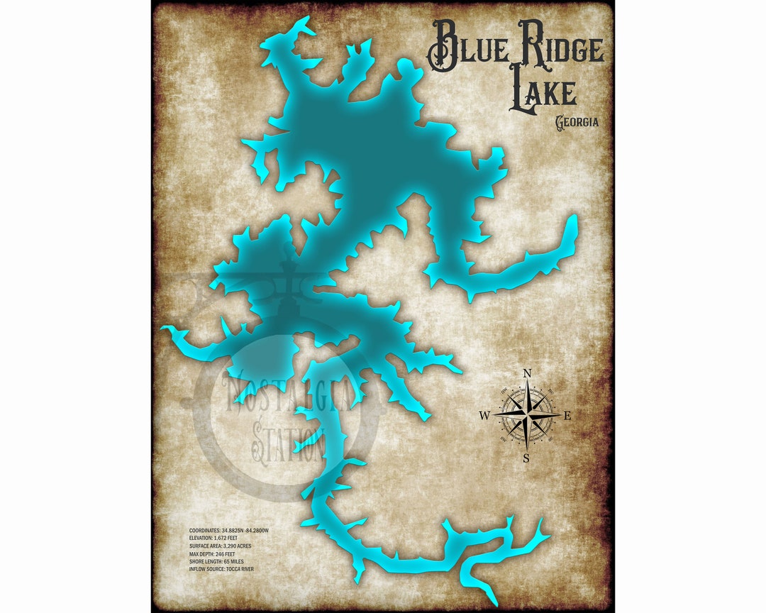 Blue Ridge Lake, Georgia Vintage Style Lake Wall Art Decor Photo Map ...
