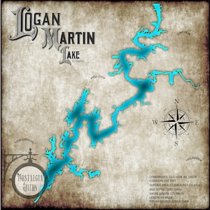 Logan Martin Lake Alabama Vintage Stil See Wand Kunst Dekor Angeln Landkarte Birmingham Pell City KOSTENLOSER VERSAND!
