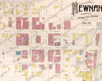 Newnan Georgia. Mapa histórico antiguo de época de 1911, arte de pared, Emory Georgia Tech Braves Falcons Georgia State, reimpresión, ¡ENVÍO GRATIS!