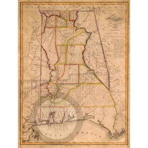Carte de l'Alabama 1819 ancienne photo vintage historique histoire américaine décoration murale art lac Martin réimpression livraison gratuite !