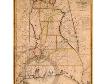 Alabama 1819 kaart antieke historische vintage foto Amerikaanse geschiedenis muur decor kunst Lake Martin herdruk GRATIS VERZENDING!