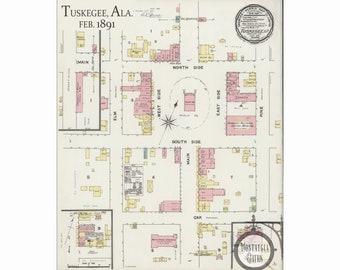 Tuskegee, Alabama 1891 Mappa storica vintage antica Ristampa 24x30" SPEDIZIONE GRATUITA!