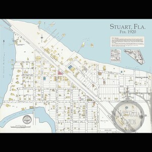 May include: A vintage map of Stuart, Florida, dated February 1920. The map features detailed street layouts, building outlines, and water features, including the St. Lucie River and Indian River. The map is in shades of yellow, blue, and brown.