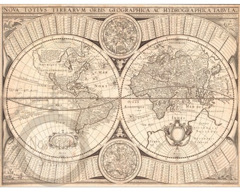 May include: An antique world map printed in black and white on paper. The map shows the continents of North and South America, Europe, Asia, and Africa. The map is surrounded by a decorative border and includes a compass rose and a scale bar.