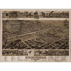 Carte de Birmingham, Alabama, 1885, ancienne photo panoramique vintage, art mural vintage, décoration murale vintage, blazers, réimpression LIVRAISON GRATUITE !