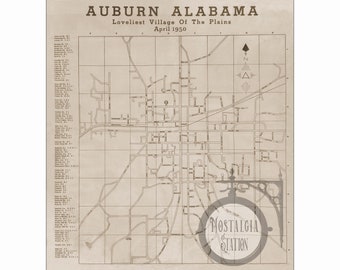 Auburn, AL Alabama 1950 Map College Street Lee County Toomers Corner Antique Vintage Historic Reprint FREE SHIPPING!