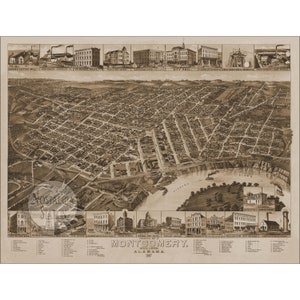 Montgomery Alabama 1887 Birds Eye Map, storica foto d'epoca, decorazione da parete, ristampa, SPEDIZIONE GRATUITA!