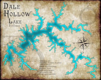 Dale Hollow Lake, Tennessee, style vintage, art mural, carte, lac, Vanderbilt, Tennessee, bénévoles, livraison gratuite !