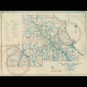 May include: A vintage map of Chilton County, Alabama, showing highways and transportation routes. The map features a grid layout with blue and red lines, and includes a legend and compass rose. The title "General Highway and Transportation Map" is visible.