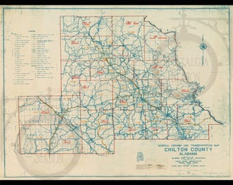 Chilton County Alabama 1944 Clanton Antique Vintage Historic Transportation Map Reprint Peach Chilton County Tigers Thorsby FREE SHIPPING!