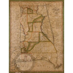 Carte de l'Alabama 1820 ancienne photo vintage historique histoire américaine décoration murale art lac Martin réimpression livraison gratuite !