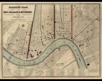 New Orleans Louisiana 1845 Map Historic Vintage Photo Wall Art Wall Decor Saints Bourbon Street Mardi Gras Creole Reprint FREE SHIPPING!