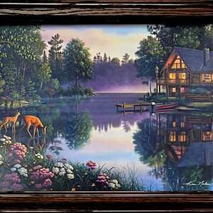 Kim Norlien Sweet Serenity Cabin Deer Lake Art Print-Framed 18.5 x 14.5