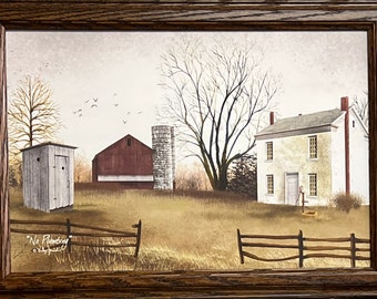 May include: A painting of a farmhouse with a red barn, a silo, and a outhouse. The outhouse has a sign that says "No Plumbing". There is a fence in the foreground and a tree in the background.