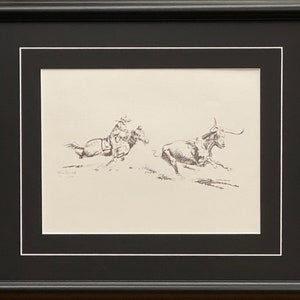Will James Cowboy Roping a Longhorn Black and White Art Print-Framed