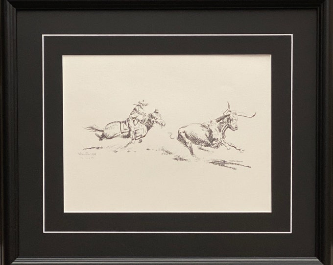 Will James Cowboy Roping a Longhorn Black and White Art Print-Framed