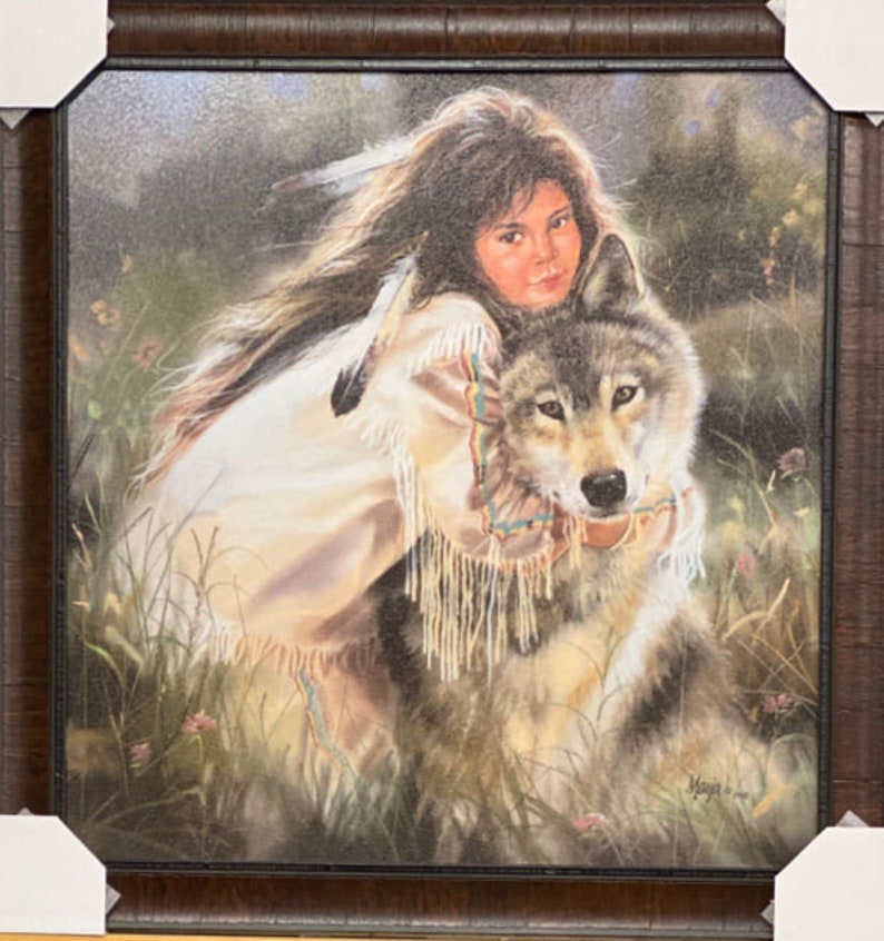 Maija squeeze play native american girl and wolf art etsy