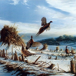 May include: A painting of a snowy field with a group of pheasants. The pheasants are brown and white with long tails. One pheasant is flying in the air, while the others are on the ground. The background is a snowy field with a forest in the distance.