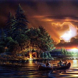 May include: Two people in a canoe paddle across a lake at sunset. The lake is surrounded by trees and the sky is a vibrant orange and yellow.
