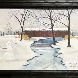 Cold Crossing by Billy Jacobs Snowman Bridge Art Print-Framed 18.5 x 14.5