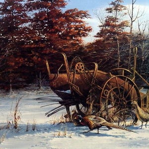 May include: A watercolor painting of a winter landscape featuring an antique farm implement, likely a plow or harrow, in a snowy field. Two pheasants are in the foreground. The background shows trees with red and brown leaves.