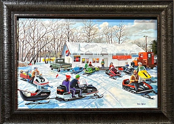 Ken Zylla Jr's Corner Snowmobile Fishing Art Print Framed 22 X 16