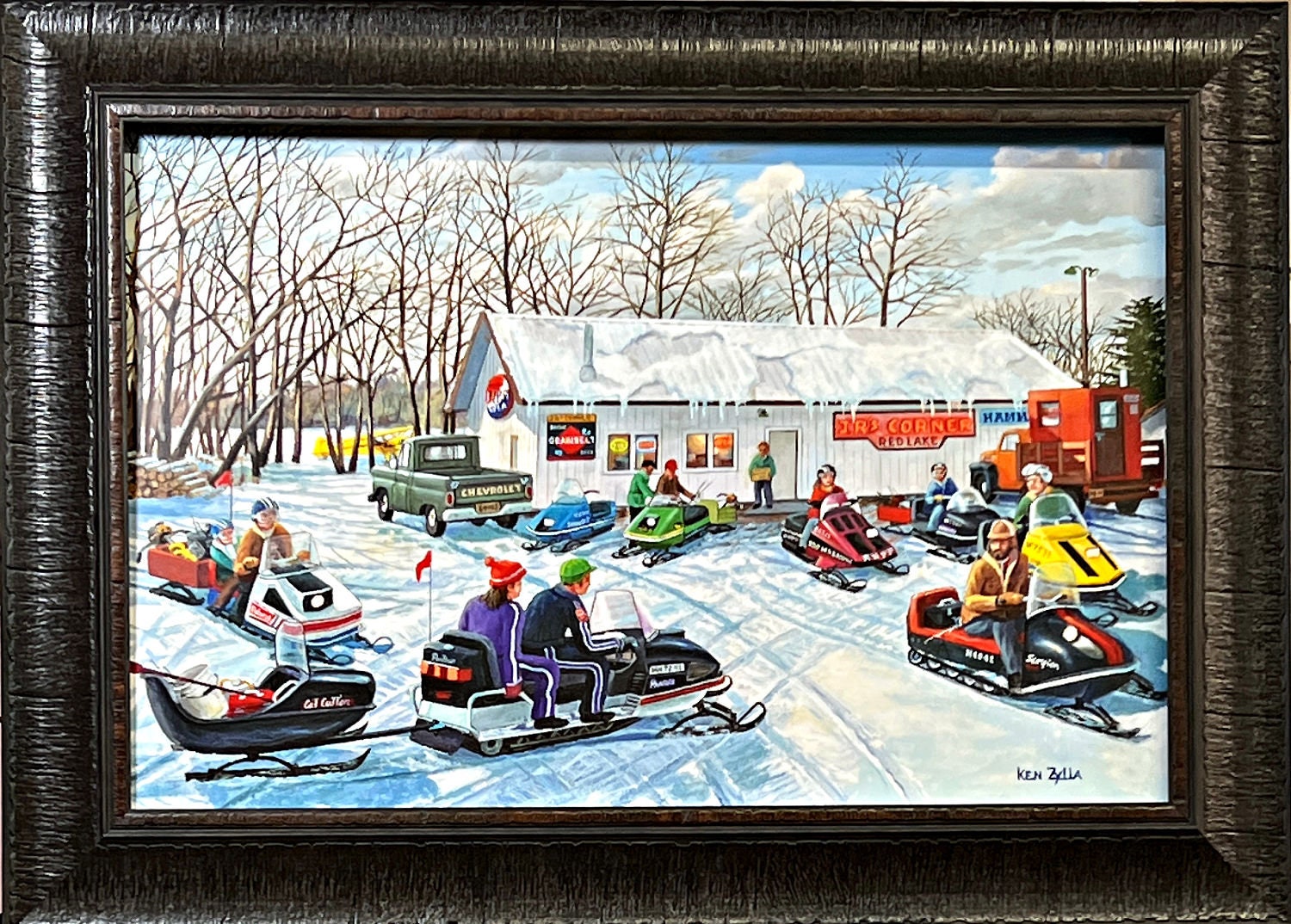 Ken Zylla Jr's Corner Snowmobile Fishing Art Print Framed 22 X 16