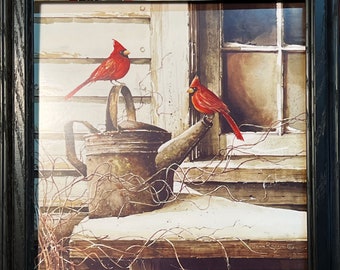 John Rossini Waitng for Spring Cardinal Art Print-Framed 14.5 x 14.5