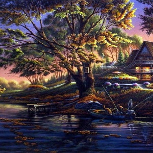 May include: A painting of a rustic cabin nestled in a forest by a lake. The cabin has a wooden exterior and a porch with a railing. Two people are fishing from a boat in the lake. The scene is bathed in the warm glow of a sunset.