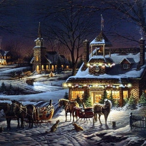 May include: A snowy winter scene with a horse-drawn sleigh in front of a brick schoolhouse decorated with Christmas lights. The schoolhouse has a bell tower and a sign that reads "Schoolhouse". There are trees and other buildings in the background.