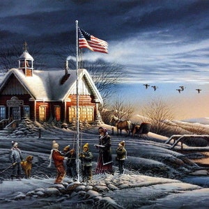 May include: A snowy winter scene with a red schoolhouse, a flagpole with an American flag, and children gathered around the pole. The schoolhouse has a bell tower and a sign that reads "Welcome to Our School". There is a small bridge in the background and a stream of water flowing under it.