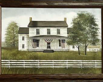 May include: A framed painting of a white farmhouse with a dark roof, American flags, and a red, white, and blue bunting. The house is set in a green field with a white picket fence. A tree is on the right side of the house.