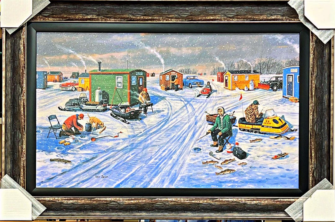 Ken Zylla Shanty Town Snowmobile Ice Fishing Art Print-framed 37 X