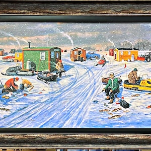 Ken Zylla Shanty Town Snowmobile Ice Fishing Art Print-framed 37 X