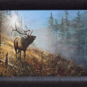 May include: A painting of an elk standing in a foggy forest with a sunbeam shining through the trees. The elk is brown with large antlers and is looking up and calling. The forest is green and brown with tall trees.