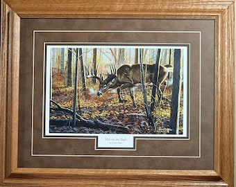 Könnte beinhalten: Gerahmter Druck eines Weißwedelhirsches in einer Waldlandschaft. Der Hirsch geht mit erhobenen Geweih durch den Wald. Der Druck trägt den Titel "Hot on the Trail" von C. Gordon Saile.